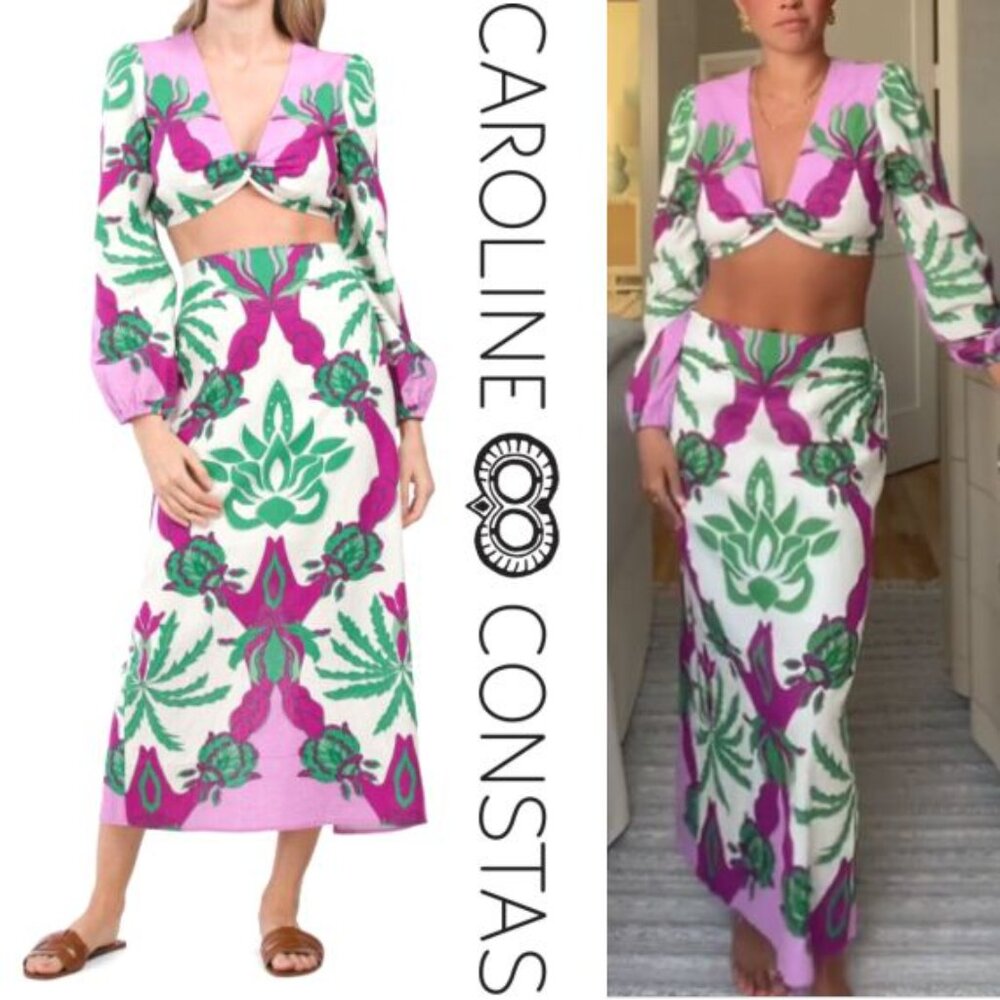 Caroline Constas Twist Front Crop Top & Midi Skirt SET L Linen Blend Floral NEW